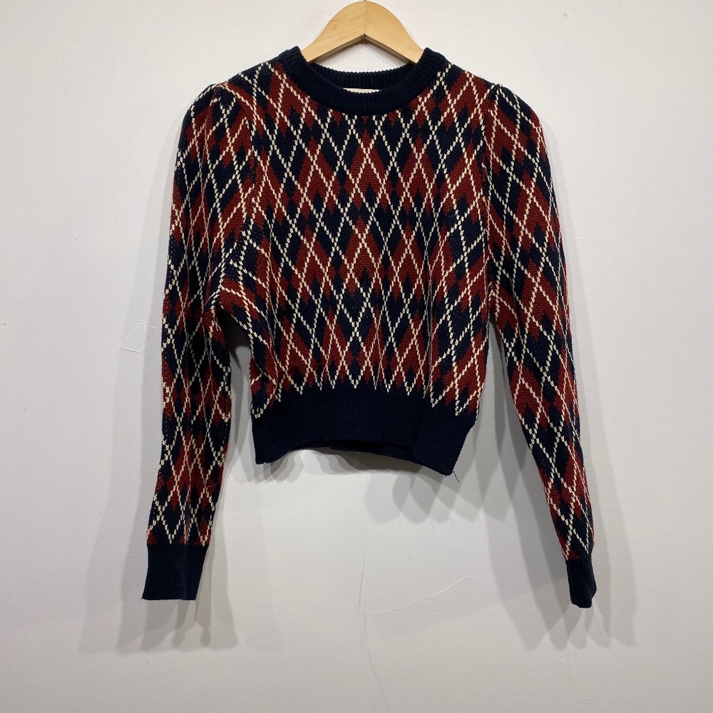 Sewing Made Red Argyle Dark Academia Cropped Crew Neck‎ Sweater